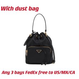 Duet Re-Nylon Shoulder Bag Lady Designer Black Vintage Bucket Bags Enamelled Metal Triangle Logo On The Zipper Pocket Drawstring Cl289t