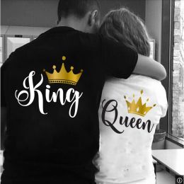 T-shirt King Queen Behind Printing Couples Tee Shirt Lover Summer Harajuku Womens Tshirt Crown Print Couple Clothes Women Man Tops