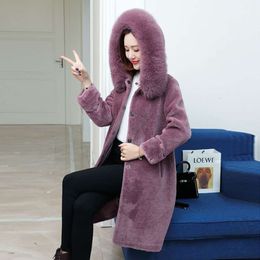 100% Hat Brim Haining Sheep Cut Velvet Coat Leather Jacket Women's Medium Length Fox Fur Collar 376748