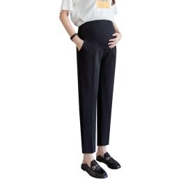 Capris 2022 Pregnant women belly pants summer black elegant maternity formal trousers anklelength pregnancy work clothes with pockets