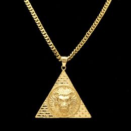 Triangle Egyptian Pyramid With Lion Head Pendants Titanium Steel Gold Colour Bling Charm Women Men Lucky Hip Hop Chain249m