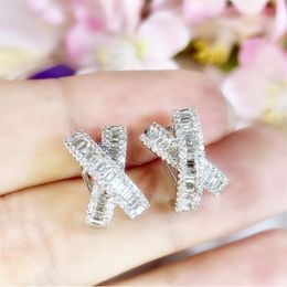 Ins Top Selling Luxury Jewellery 925 Sterling Silver Cross Earring Princess Cut White Topaz CZ Diamond Gemstones Women Wedding Clip 258o
