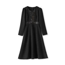 2024 Spring Black Solid Colour Panelled Dress Long Sleeve Round Neck Sequins Midi Casual Dresses W4M015110