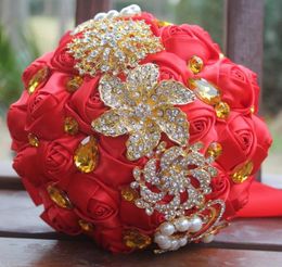 Red Silk Satin Wedding Bouquets Simulation Flower Wedding Supplies Artificial Flower Gold Rhinestones Sweet 15 Quinceanera Bouquet1130308