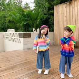 3852 Baby Kids Hoodies Korean Autumn Sweatershirt Rainbow Striped Pullover for Boys and Girls Long Sleeve Loose Tops 240227