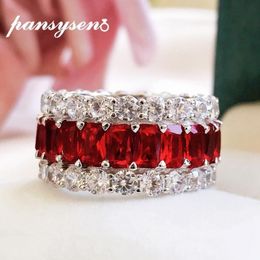 PANSYSEN 100% 925 Sterling Silver Simulated Moissanite Ruby Emerald Gemstone Ring Women Anniversary Party Fine Jewelry Whole304U