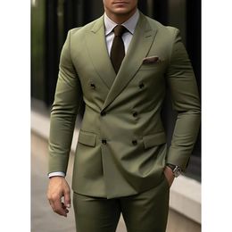 Latest Blazer Pants Design Slim Fit Suits For Men 2 Piece Army Green Double Breasted Groom Wedding Tuxedos Costume Homme 240307