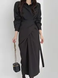 Casual Dresses SuperAen 2024 Korea Spring Style Flip Collar Cross Tie Waist Wrapped Long Sleeved Shirt Dress