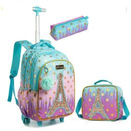 School Bags Children Rolling Backpack Bag Wheeled For Girls SchooTrolley Wheels Kids Travel Luggage Trolley242M