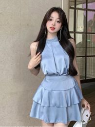 Work Dresses French Elegant Matching Sets Halter Sleeveless Tops High Waist Ruffles Stitching Mini Skirt Summer Fashion Design Women