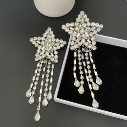 Exaggerated Crystal Star Pendant Tassel Large Brooch Earrings Silver Ear Clip Women Europe America Jewelry Trends