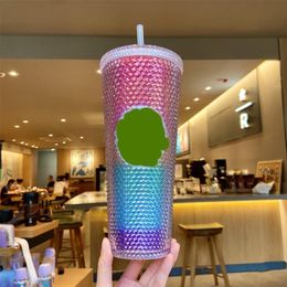 Mugs 710ml 24oz Diamond Radiant Goddess Straw Cup With Lid LOGO Coffee Summer Holiday Cold Tumbler Durian US201S