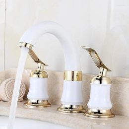 Bathroom Sink Faucets 3 Holes Widespread Faucet Deck Mounted Dual Handle Cold Water Mixer Tap White & Gold