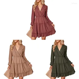 Casual Dresses Women's Fall Long Sleeve Ruffle Layer Swing Mini Dress Tunic Short V Neck