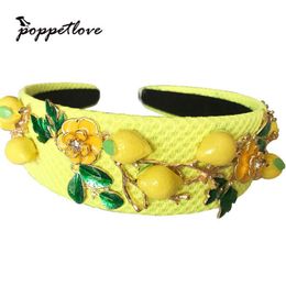 Baroque Fashion Runway Cute Yellow Lemon Flower Green Leaves Headband For Women Luxury Vintage Wideside Hair Accessories Jewelry 2324J