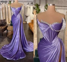 Elegant Lavender Veet Prom Dresses Dubai Arabic Mermaid Women Special Occaion Party Pleated Sparkly Crystals High Split Sexy Formal Evening Gowns CL2768