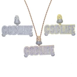 Chains Gold Rose Silver Plated Letter GOD LIFE Pendant With Full Cubic Zircon Paved Large Big Punk Necklace For Men Hip Hop Jewelr2605
