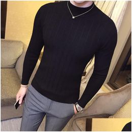 Suéter dos homens Plover Mens Sweater Casual Listrado Cor Sólida Suéteres Homens Meio-Alto Collar Stretch Apertado Slim Knit Tops Drop Deliver Dhg74