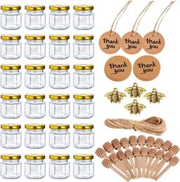 Storage Bottles 20PACK 1.5oz Mini Glass Honey Jar Small Hexagonal Jars With Wooden Dipper Gold Lid Bee Charms Gift Bags