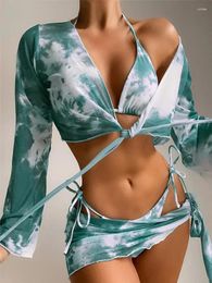 Women's Swimwear 2024 Summer Micro Bikini 4 Pieces Set Sexy Floral Print Brazilian Swimsuit For Women Female Low Waist Long Sleeve Mesh