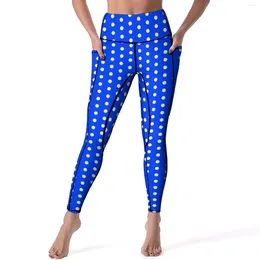 Women's Leggings Blue White Polka Dot Yoga Pants Pockets Vintage Pattern Sexy Push Up Aesthetic Sports Tights Stretchy