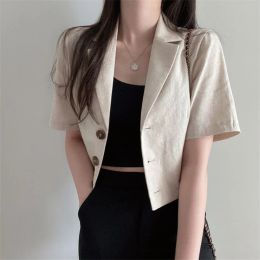 Blazers QOERLIN Korean Pure Colour Short Sleeve Cotton Linen Suit Blazer Female 2021 Summer New Temperament Short Jacket Office Ladies