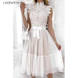 Dress Women Fashion Lace Dress Mesh Panel Flysleeve Solid Lady Elegant Bow Slim Summer Party Big Swing Round Neck Long Vestido