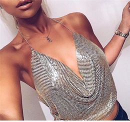 Sexy Club Camisoles Underwear for Women Bottoming Halter Tanks Short Deep Vneck Tees Gold Chain Tops7024436