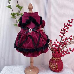 Dog Apparel Retro Velvet Red Puppy Cats Clothing Winter Vintage Fashion Crystal Bow Princess Dress For Small Medium Pet Clothes