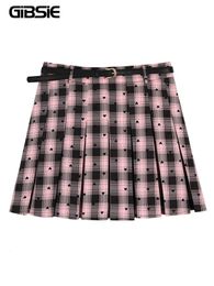 GIBSIE Plus Size Pleated Mini Skirts Women Autumn Korean Preppy Style Vintage Plaid Print High Waist Y2k Short Skirts 240306