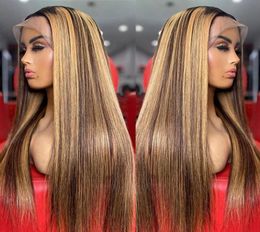 Highlight Brown Blonde Coloured Human Hair Wigs For Women Ombre Straight Lace Frontal Wig 4x4 LaceClosureWigs9251058