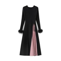 2024 Spring Black Contrast Colour Panelled Dress Long Sleeve Round Neck Long Maxi Casual Dresses W4M014512