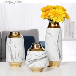 Vases Imitation Marble Ceramic Vases Desk Decor Golden Porcelain Flower Insert Artificial Flowers Tabletop Vase Home Decoration Modern L240309