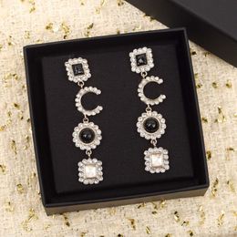2022 Top quality long chain charm dangle drop earring with diamond and Black crystal beads for women wedding jewelry gift have box260h
