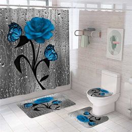 Blue Flower Butterfly Bathroom Non-slip Mat Set Durable Waterproof Shower Curtain Pedestal Rug Lid Toilet Cover Bath Mat Rugs 2107219I