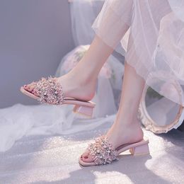 2024 Shoes Women Dress Sandals 57 Fashion Pearl Square Heel Slippers Summer Outside Casual Ladies Zapatos 29