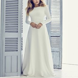 New Stretch Crepe A-line Long Modest Wedding Dress 2020 With Long Sleeves Jewel Coverd Back Short Train Women Informal Modest Brid222S