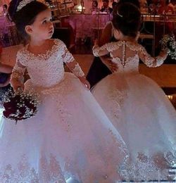 2020 Vintage Flower Girls Dresses Ivory Baby Infant Toddler Baptism Clothes With Long Sleeves Lace Tutu Ball Gowns Birthday Party 6919786