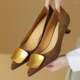 Dress Shoes Women's Natural Suede Leather Kitten Heel Pointed Toe Slip-on Pumps Metal Decoration Elegant Ladies 2024 Spring Heels