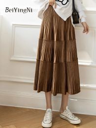 Dresses Beiyingni 2022 Autumn Winter Corduroy Skirts Women Solid Colour Pleated Long Midcalf High Waist Skirt Casual Vintage Slim Faldas