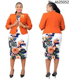 African Turkey Style Plus Size Printed Coat And Dress Suit For Women 240226