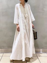 Dress Ladies Cotton Linen Beach Maxi Dress White V Neck Embroidered Dress Casual Long Dress Women Oversize Lace Up Dress Female Loose