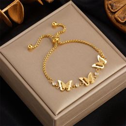 Link Bracelets 316L Stainless Steel Butterfly Charm Bracelet For Women Fashion Girls Gold Colour Zircon Wrist Jewellery Party Wedding Gift