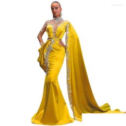 Basic & Casual Dresses Gold Party Dresses High Neck Beaded Rhinestones Mermaid Prom Gown Cape Long Sleeves Satin Arabic Drop Delivery Dhxvx