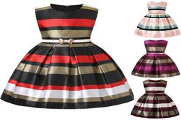Retail kids designer dress girls high quality stripe printed princess dress with bow belt children party ruffle dresses boutique c7609003