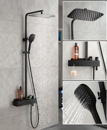 Matt Black Bathroom Rain Shower Set System Wall Mounted Mixer Bath Shower Faucet With Hook And Placement Platform1724534