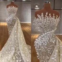 2024 Designer Mermaid Wedding Dresses Bridal Gown Luxury Lace Applique Beaded Pearls Sweep Train Organza Designer Illusion Custom Made Plus Size Vestido de Novia YD