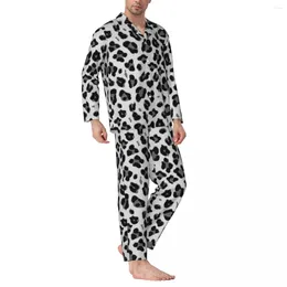 Men's Sleepwear Pyjamas Man Mountain Cheetah Grey Daily Nightwear Animal Skin 2 Piece Casual Set Long-Sleeve Romantic Oversize Home Suit