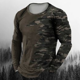 Vintage Mens Long Sleeve T Shirt Autumn Print round neck Tees Camouflage Pattern Clothes Casual High Street Oversized Men Tops 240226