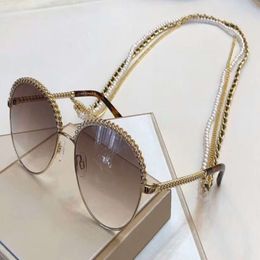 Whole 2184 Gold Grey Shaded Sunglasses Chain Necklace Sun Glasses Women Fashion designer sunglasses gafas New with box255e